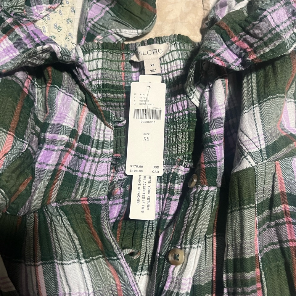 Pilcro Green Purple Plaid Button-Front Top - Picture 4 of 4